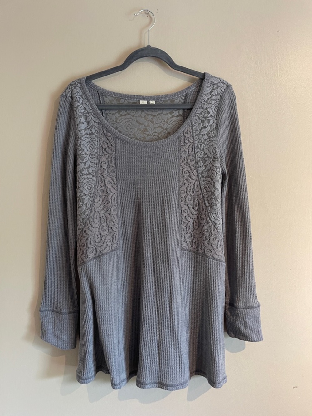 Anthropologie Gray Lace-Panel Waffle Knit Long-Sleeve Top